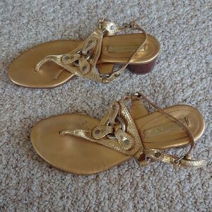 BCBG Max Azria Metallic Gold Tone leather Embellished Thongs size 37.5B